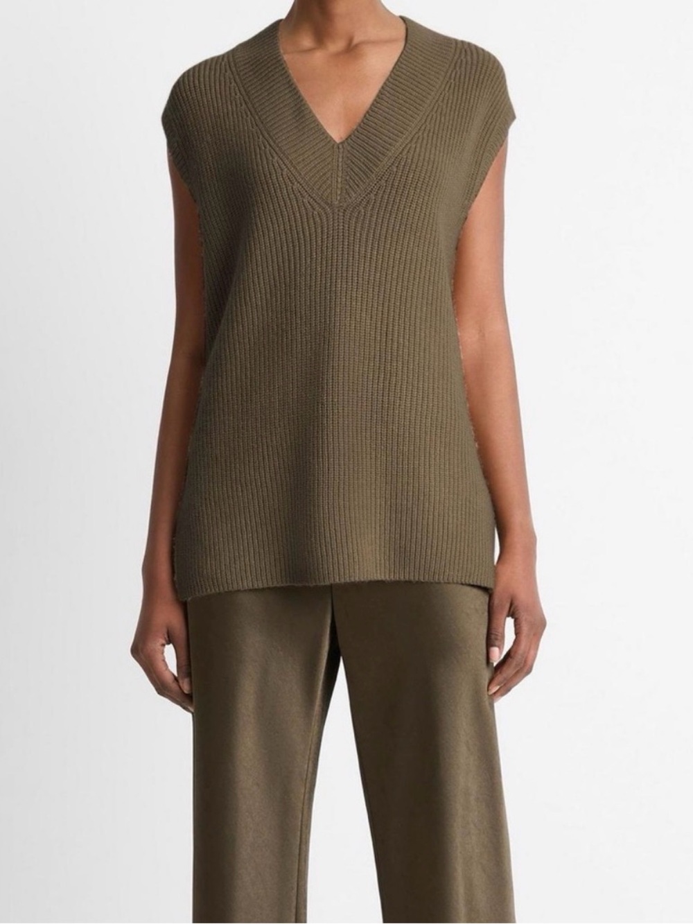 VINCE V-Neck Sleeveless Knit Sweater Vest — Olive
